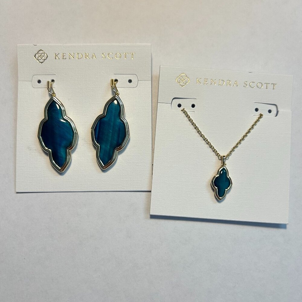 Kendra Scott Framed Gold Plated Drop Earrings and Necklace in Teal Tiger's Eye